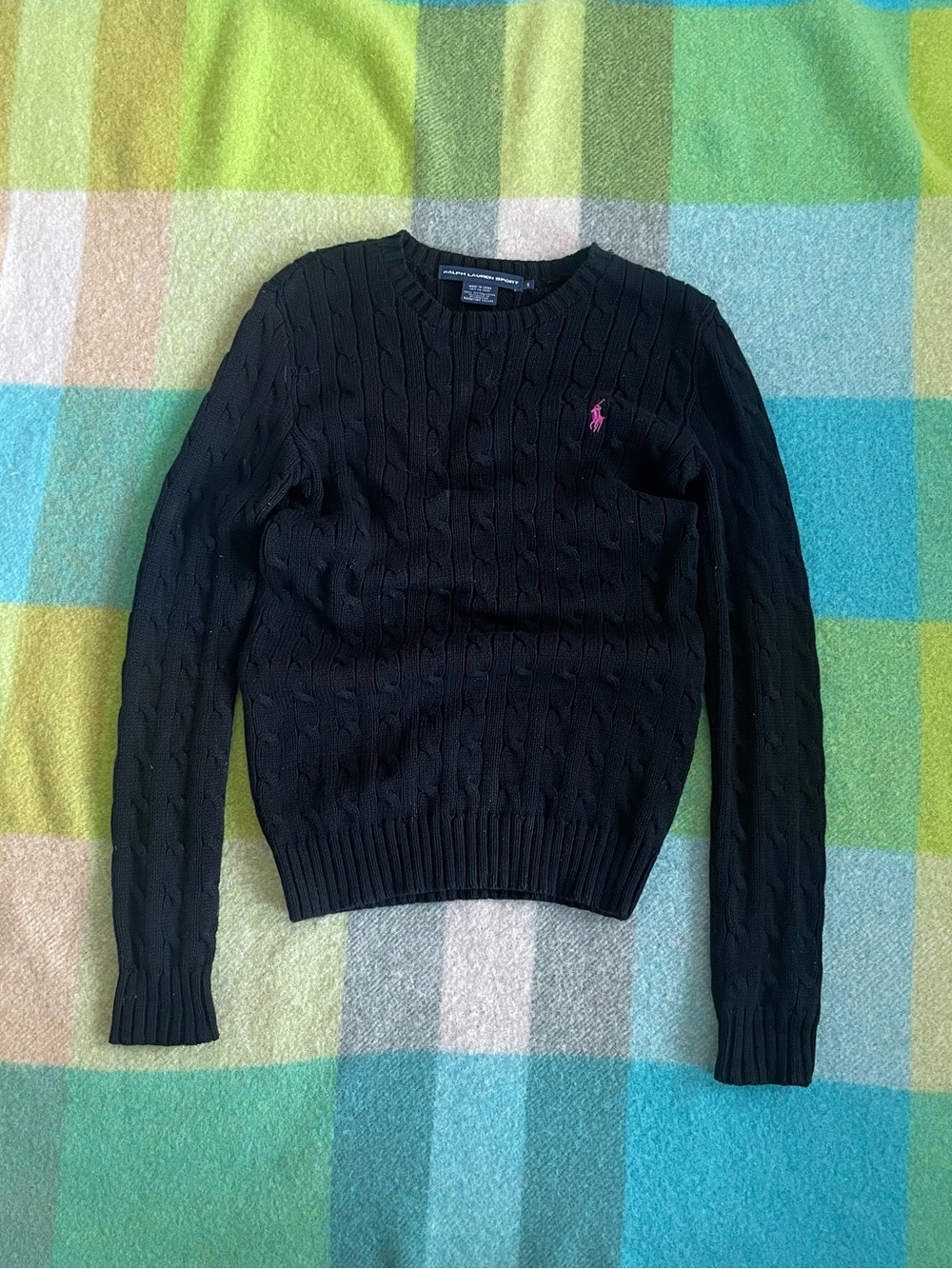 Vintage Polo Ralph Lauren Sport Cable Knit Sweater Black Pink Pony